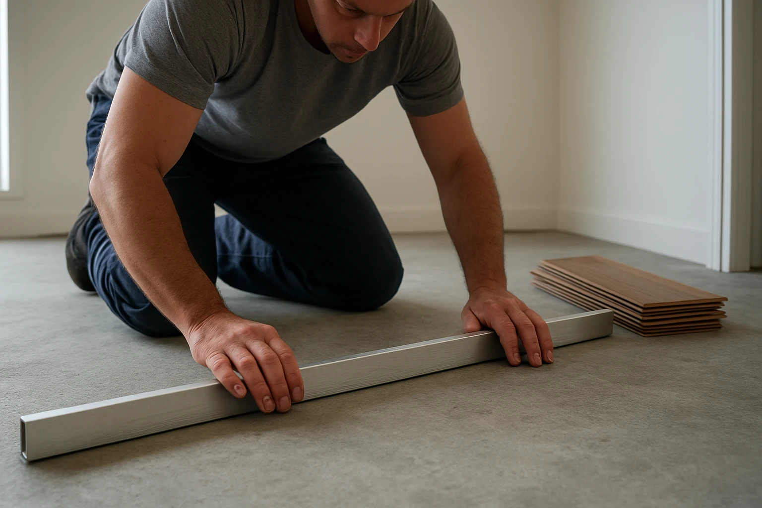 LVP installer checking concrete subfloor flatness